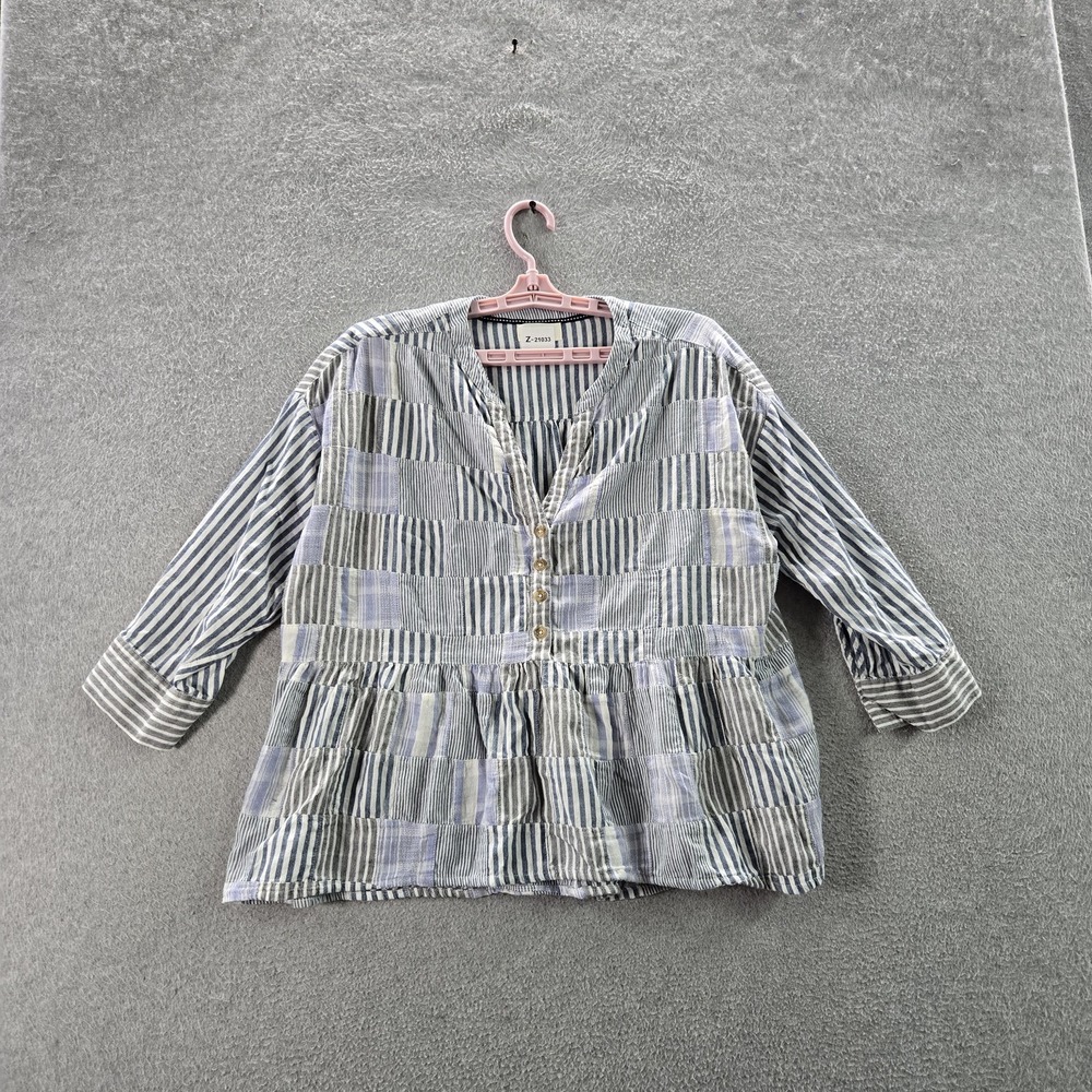Maeve By Anthropologie Women Blouse SP Blue Striped Peplum Button V-Neck Swing